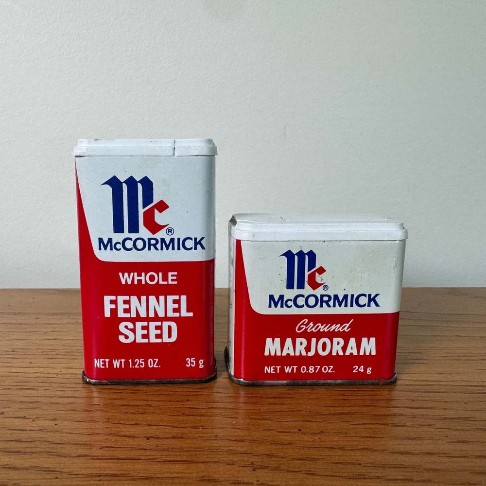 Vintage McCormick Spice Tins Whole Fennel Seed & Ground Marjoram 1974 1977 Set 2